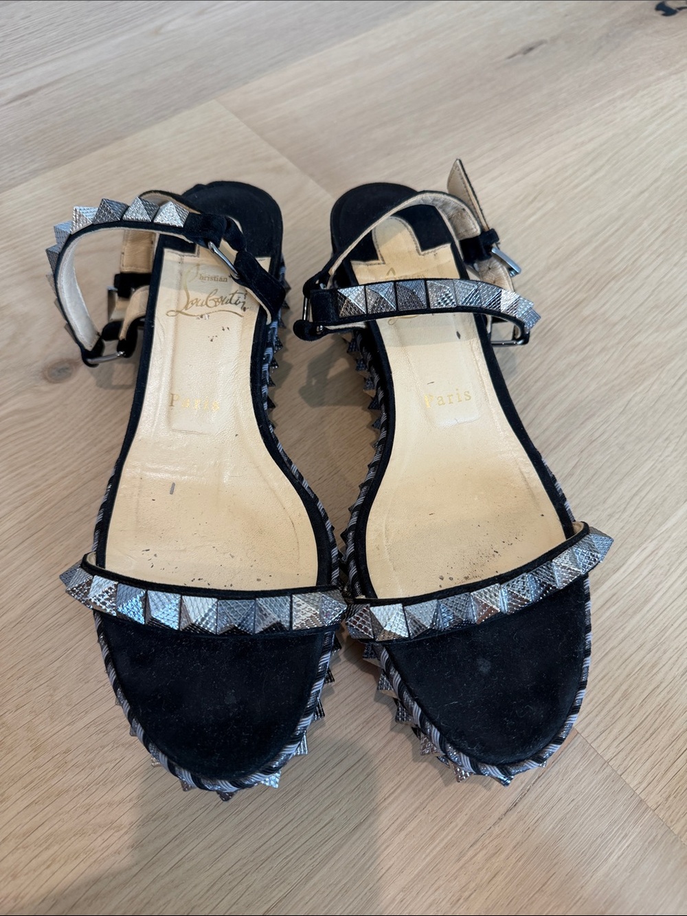 Christian Louboutin Black Suede Studded Ankle-Strap Sandals